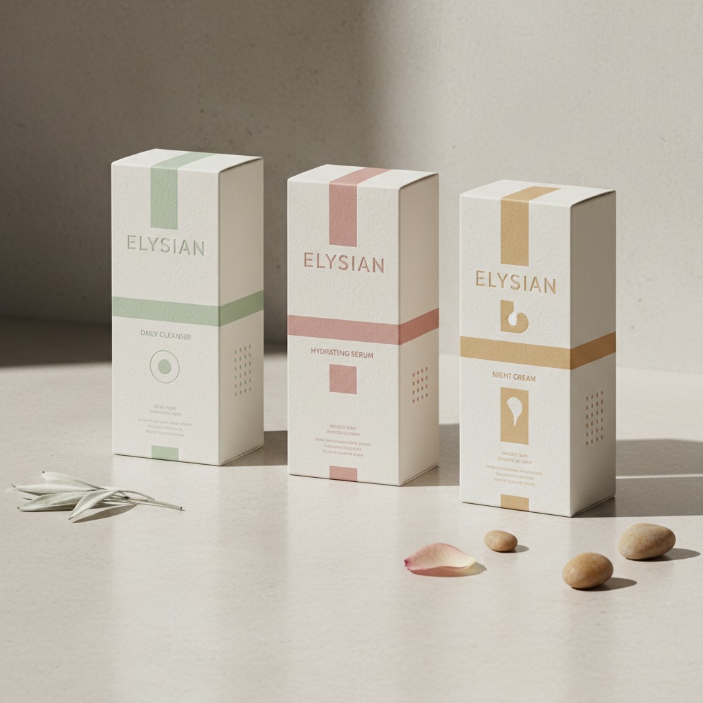 Elysian secondary packaging — Daily Cleanser, Hydrating Serum, and Night Cream boxes with color-coded foil accents