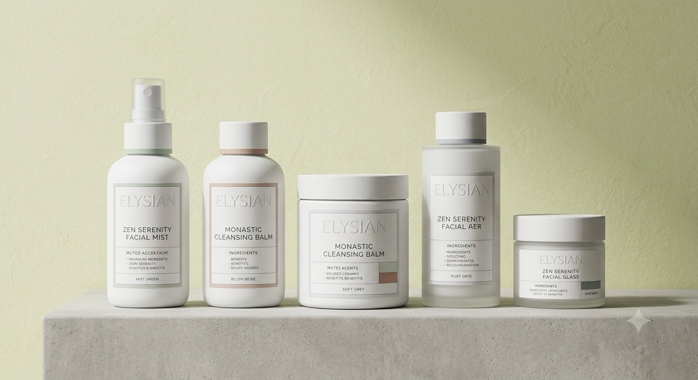 Elysian skincare bottle and jar lineup — Zen Serenity Facial Mist, Monastic Cleansing Balm, and Zen Serenity Facial Gel on a sage backdrop