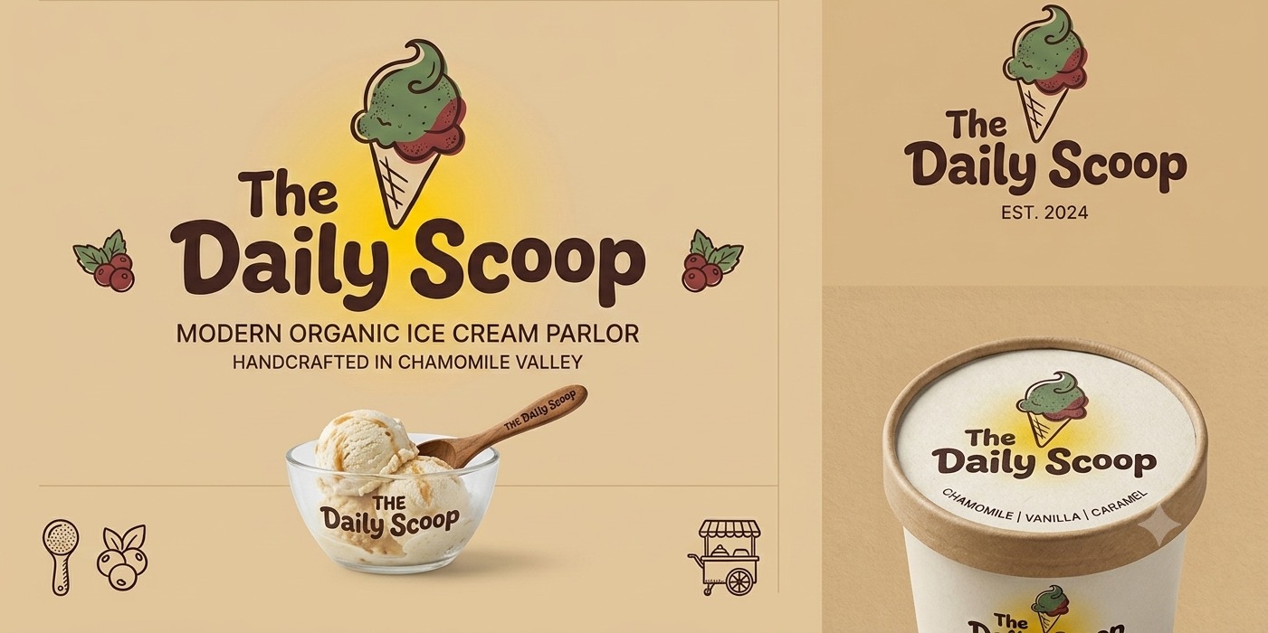 The Daily Scoop — full brand identity mockup showing the logotype, packaging, and ice cream cup applications